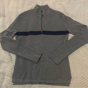 Relwen Men’s Gray Quarter-Zip Sweater with Navy Chest Stripe 100% Merino Wool